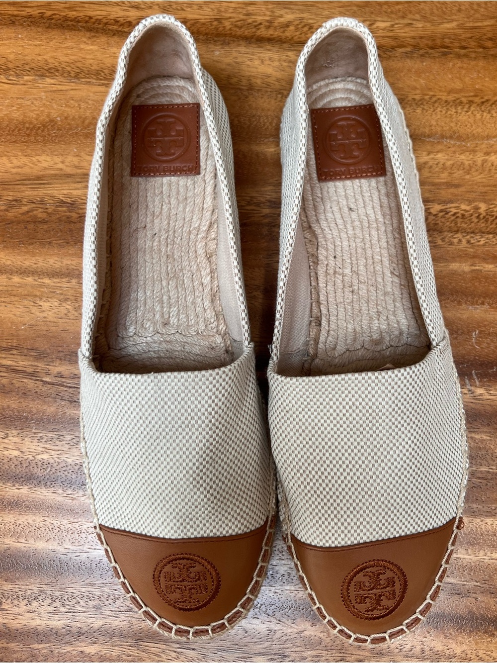 Tory Burch Cream Canvas Espadrilles with Tan Leather Toe